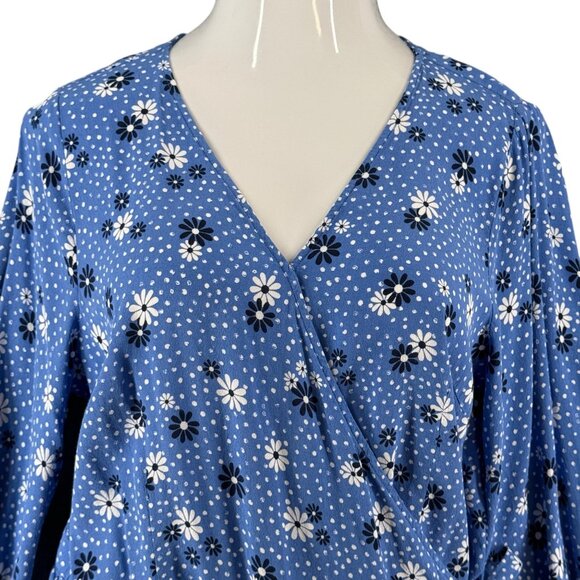 Talbots Plus 1X Blue White Floral Daisey Faux Wrap V Neck Blouse Cottage Boho - Picture 3 of 10